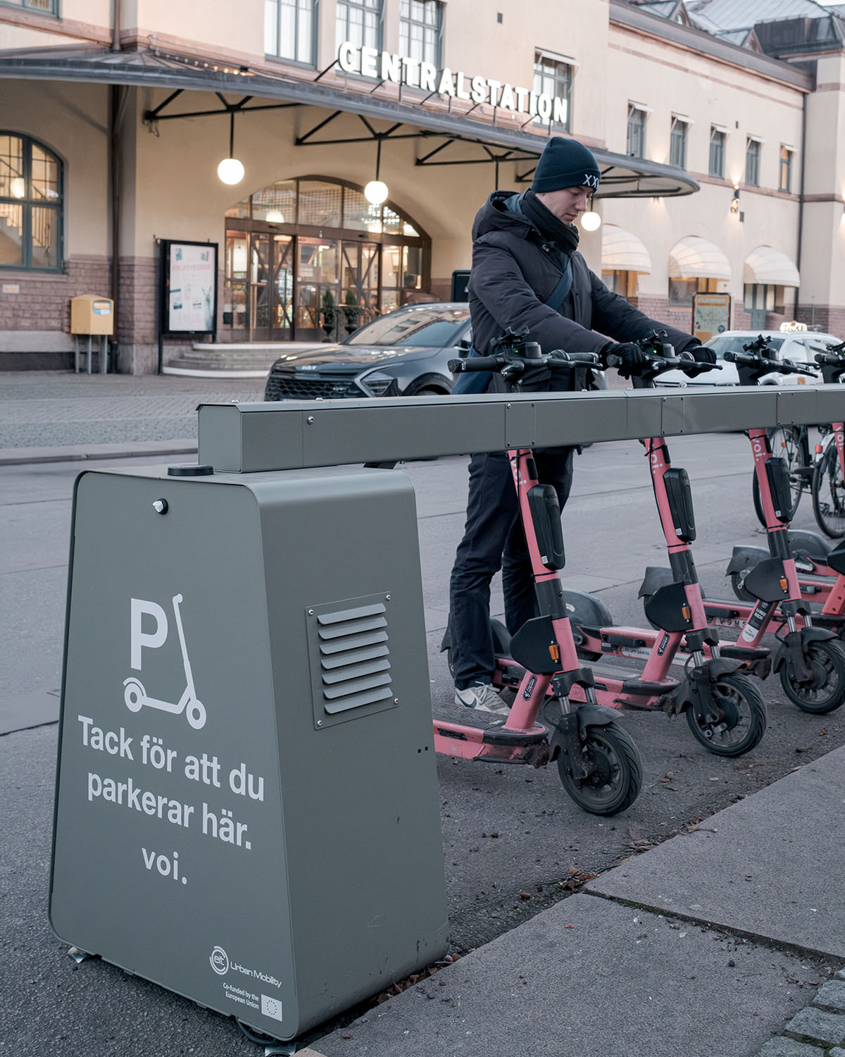 Standab parking and charging station for shared scooters at Gavle Central Station