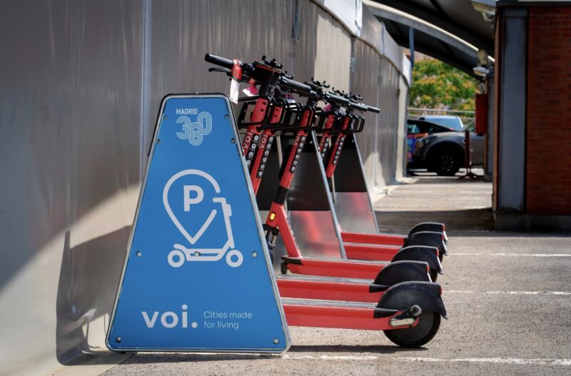 Voi scooters parked in Madrid 360 physical micromobility infrastructure at Atocha