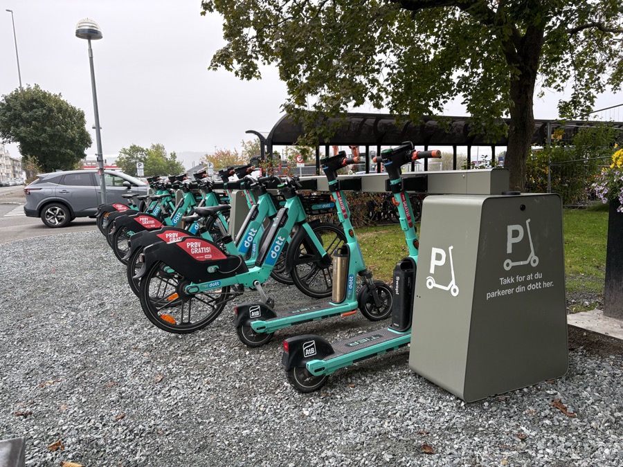 Dott scooters docked in Standab charging stations in Stjørdal