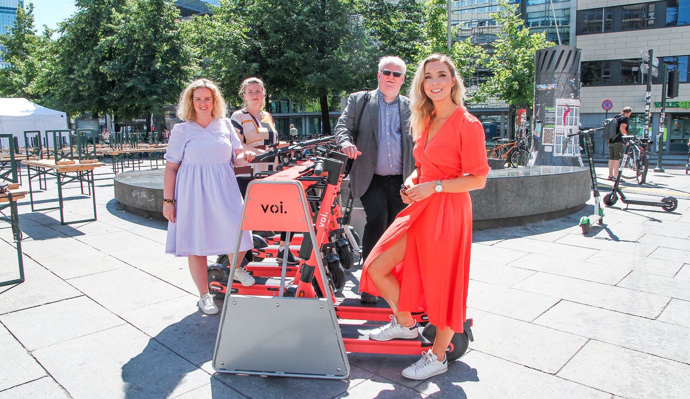 Voi scooters parked in Standab physical parking infrastructure in Oslo in 2020